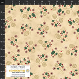 Stof Snow Crystals 4593-204 cream fabric featuring green holly leaves, red berries, gold pinecones, red snowflakes and delicate dotted festive details.