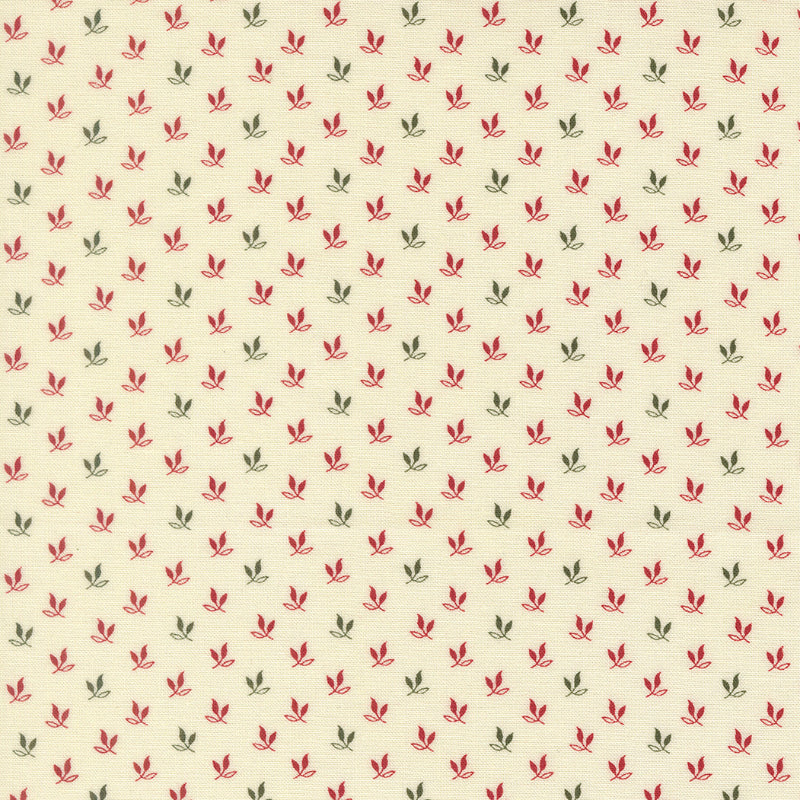 Moda Joyful Gatherings II 49331 11 cream fabric with tiny red and olive green leaf sprigs scattered in a delicate all-over pattern.