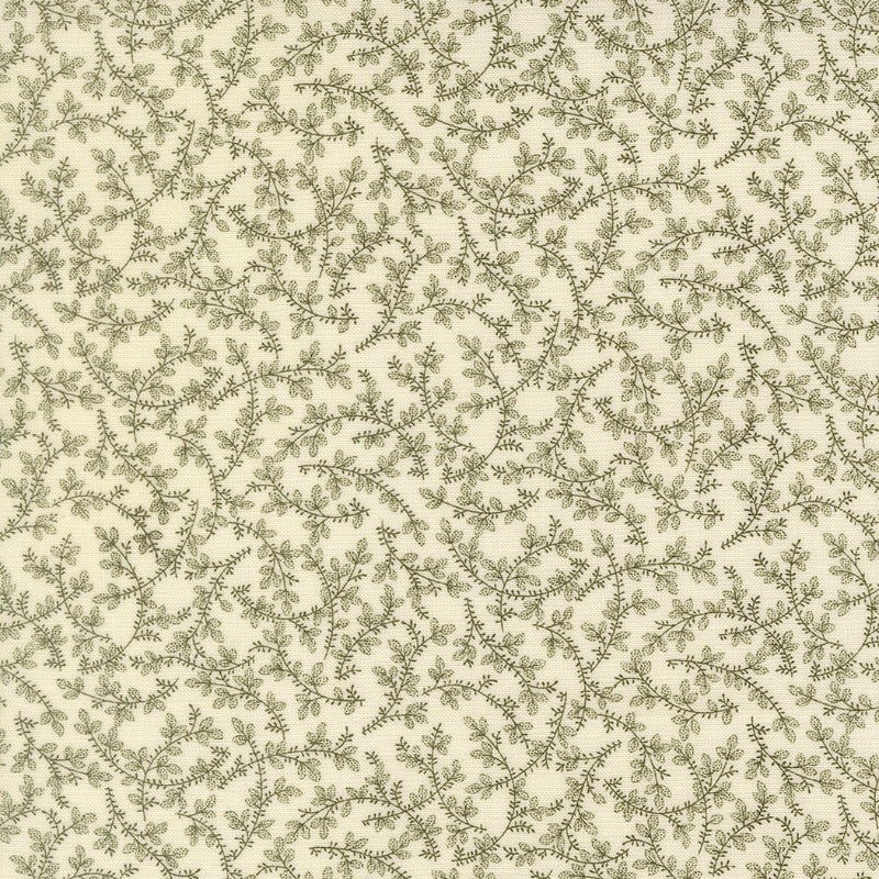 Moda Joyful Gatherings II 49335 24 cream fabric with delicate olive green trailing vines and tiny leaf motifs in an all-over botanical pattern.