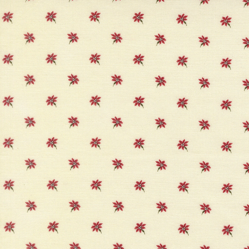 Moda Joyful Gatherings II 49332 11 cream fabric with tiny red poinsettia flowers and small dark green stems in an all-over repeat.