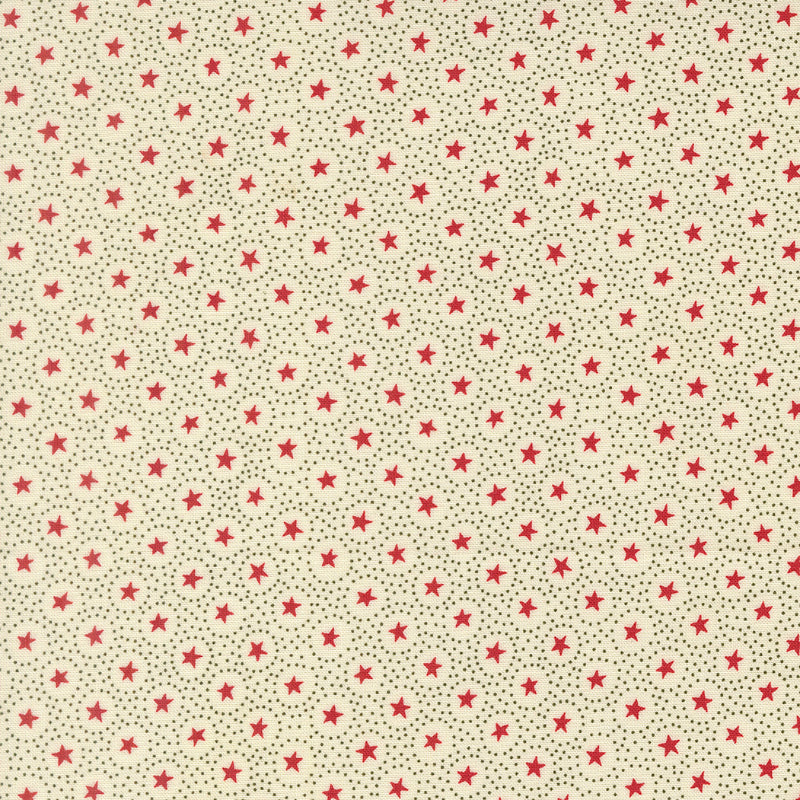 Moda Joyful Gatherings II 49336 11 cream fabric with scattered red stars and fine olive green dotted swirl motifs.