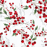 Hoffman Christmas Wish December Silver fabric featuring red berries, green holly leaves, brown branches and delicate silver sprigs on a white background.