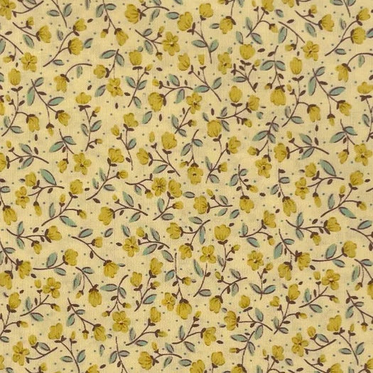 A delicate small-scale floral print from Sevenberry, featuring tiny golden yellow blossoms and buds scattered across a warm buttery yellow background. Fine brown trailing stems weave softly through the design, accented with small muted green and blue-green leaves for a gentle contrast.

This sweet, vintage-inspired print has a soft cottage-garden feel, making it ideal for quilting, patchwork, craft sewing, linings, small accessories, and cheerful handmade projects.