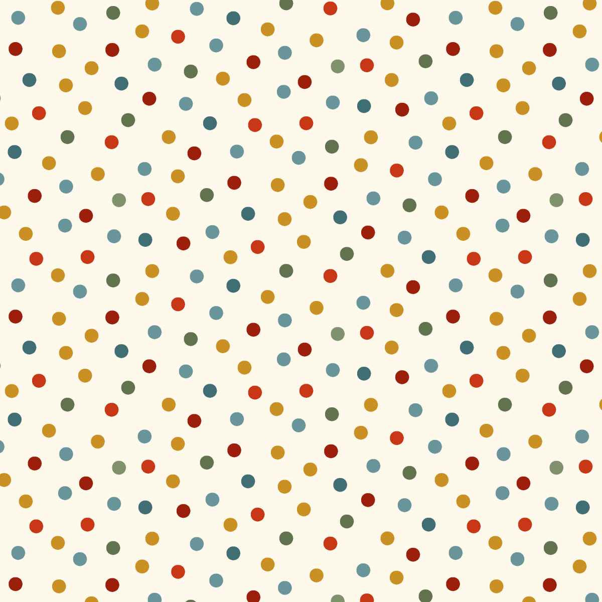 Cream fabric featuring a scattered pattern of small multicoloured dots in festive red, blue, teal and green tones on a warm cream background.