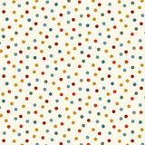 Cream fabric featuring a scattered pattern of small multicoloured dots in festive red, blue, teal and green tones on a warm cream background.
