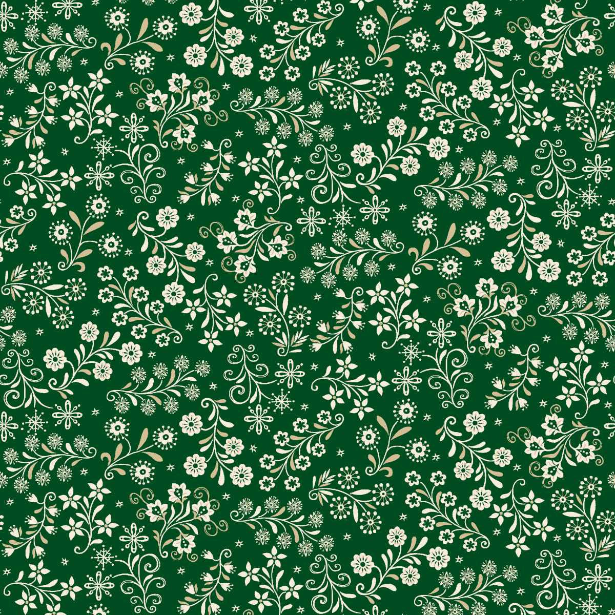 Green and cream fabric featuring a detailed digital floral vine print with leafy branches and small flower details across the fabric. The soft Nordic holiday-inspired design has a natural pattern with a mix of green leaves and cream background for a classic seasonal look.