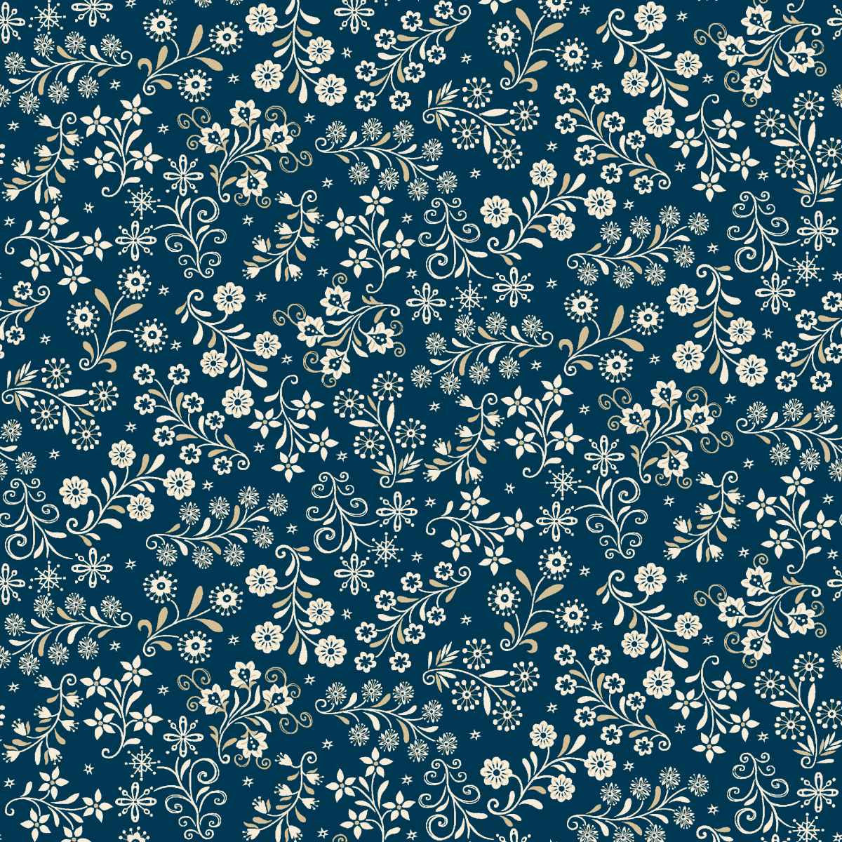 Blue and cream fabric featuring a detailed digital floral vine print with leafy branches and small flower details across the fabric. The pattern combines soft cream tones with blue vines and floral accents, creating a charming Nordic holiday-inspired design with a natural and elegant look.