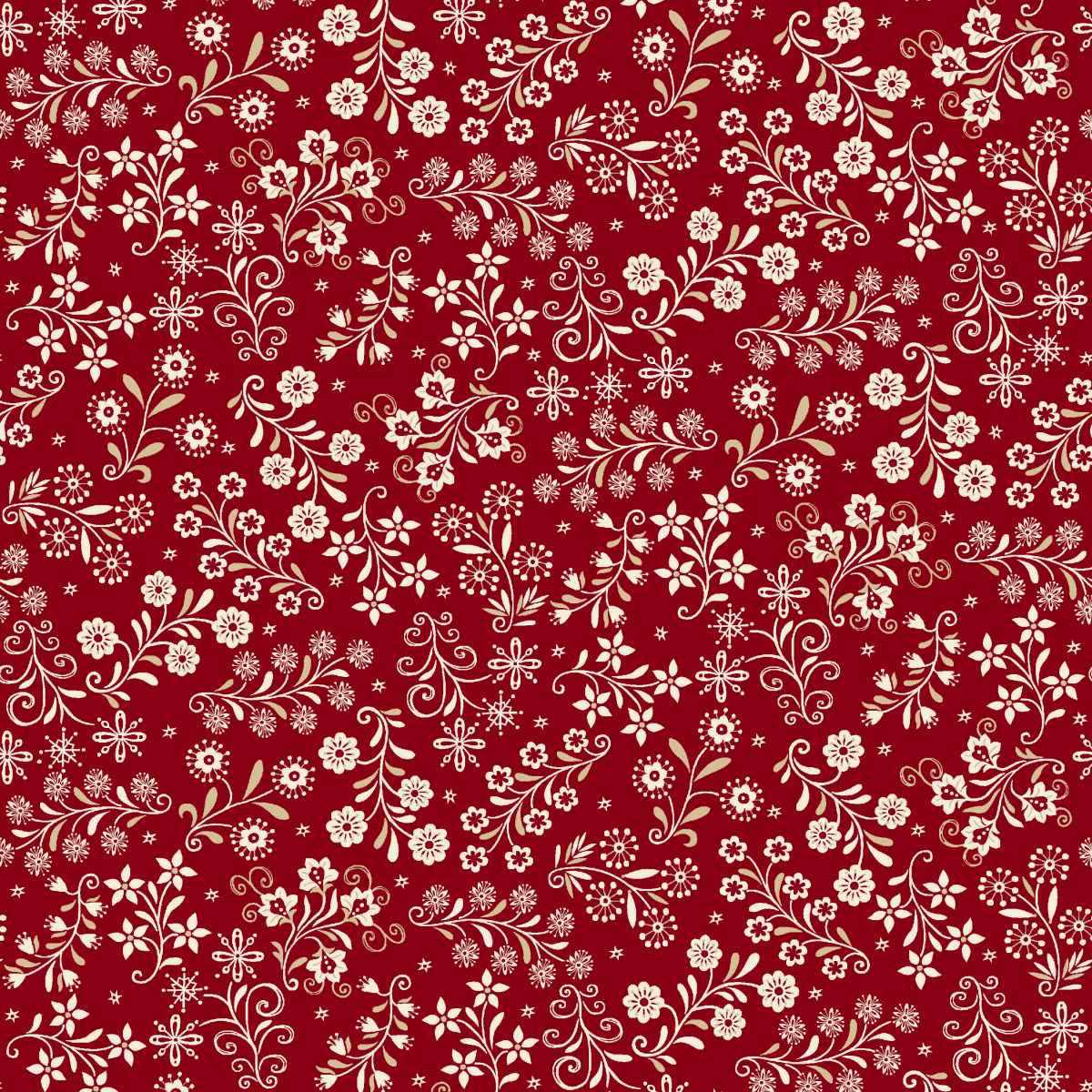 Red and cream fabric featuring a floral vine pattern with leafy branches, small flowers, and winding vines across a rich red background. The design includes detailed cream botanical elements scattered throughout the fabric for a classic festive look.