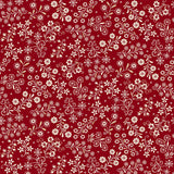 Red and cream fabric featuring a floral vine pattern with leafy branches, small flowers, and winding vines across a rich red background. The design includes detailed cream botanical elements scattered throughout the fabric for a classic festive look.