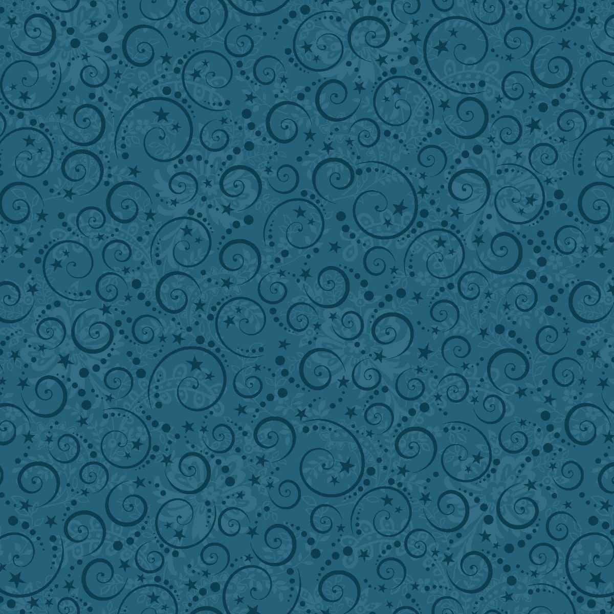 Blue fabric featuring a detailed digital print of delicate mini swirls across a rich blue background, creating an elegant Nordic-inspired holiday pattern. The intricate swirling motifs are evenly scattered throughout the fabric, adding a refined decorative look with subtle festive charm and fine printed details.