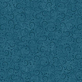 Blue fabric featuring a detailed digital print of delicate mini swirls across a rich blue background, creating an elegant Nordic-inspired holiday pattern. The intricate swirling motifs are evenly scattered throughout the fabric, adding a refined decorative look with subtle festive charm and fine printed details.