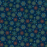 Blue Christmas fabric featuring intricately detailed snowflakes in cream, icy blue, teal and soft green, scattered across a deep blue background with tiny dots resembling falling snow.