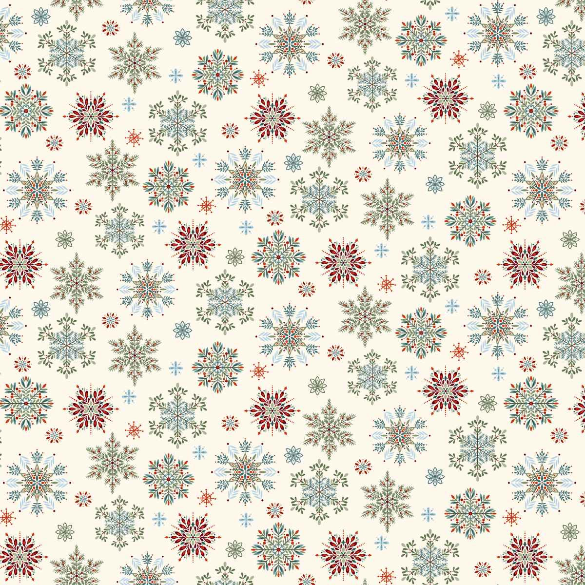 Cream Christmas fabric featuring an assortment of detailed snowflakes in festive red, blue, teal and green, scattered across a warm cream background with tiny dots resembling falling snow.