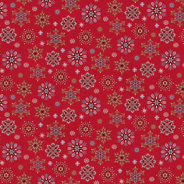 Red Christmas fabric featuring intricately detailed snowflakes in cream, pale blue, teal and red, scattered across a rich festive red background with tiny dots resembling falling snow.