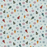 Ice-blue Christmas fabric featuring a playful assortment of stylised evergreen trees in red, blue, teal, sage, green and cream, scattered with tiny snowflakes and wintry accents.