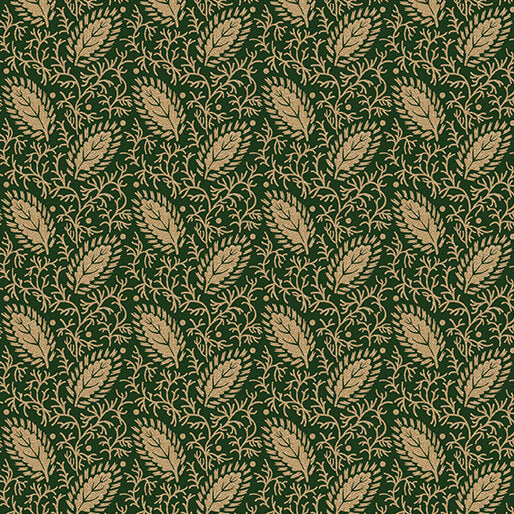 Deep forest green Christmas fabric with an all-over pattern of gold fern fronds and delicate leafy botanical motifs. Elegant Ferns Green Gold Holiday Keepsakes Benartex