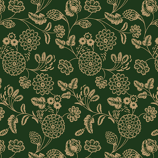 Deep forest green Christmas fabric with ornate gold floral blooms, curling stems, leaves and Jacobean-style botanical motifs. Elegant Floral Green Gold Holiday Keepsakes Benartex.