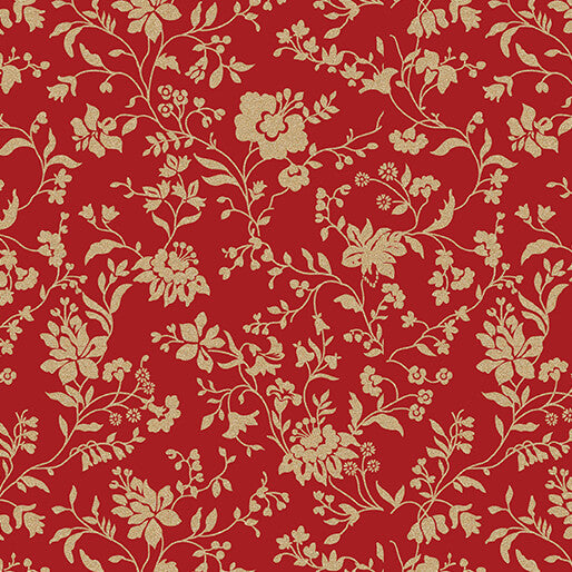 Rich red Christmas fabric with delicate gold Jacobean-style floral vines, leaves and trailing botanical motifs. Elegant Jacobean Red Gold Holiday Keepsakes Benartex.