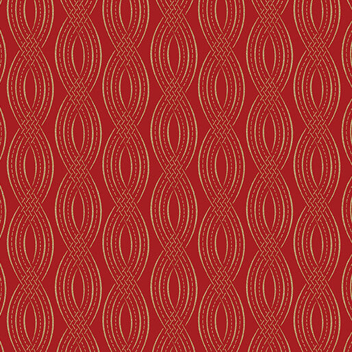Rich red Christmas fabric with repeating interwoven gold ribbon curves and fine stitched-line details. Elegant Ribbons Red Gold Holiday Keepsakes Benartex.