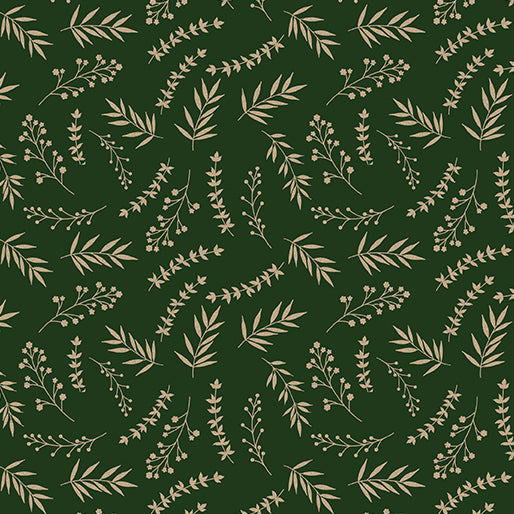 Deep forest green Christmas fabric with scattered gold leafy sprigs, delicate stems and small botanical accents. Elegant Sprigs Green Gold Holiday Keepsakes Benartex.