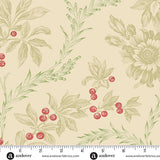 Cream Christmas quilting cotton fabric featuring tan sketched flowers, green leaves and red berries scattered across a light cream background with small floral details.