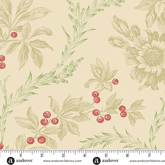 Cream Christmas quilting cotton fabric featuring tan sketched flowers, green leaves and red berries scattered across a light cream background with small floral details.