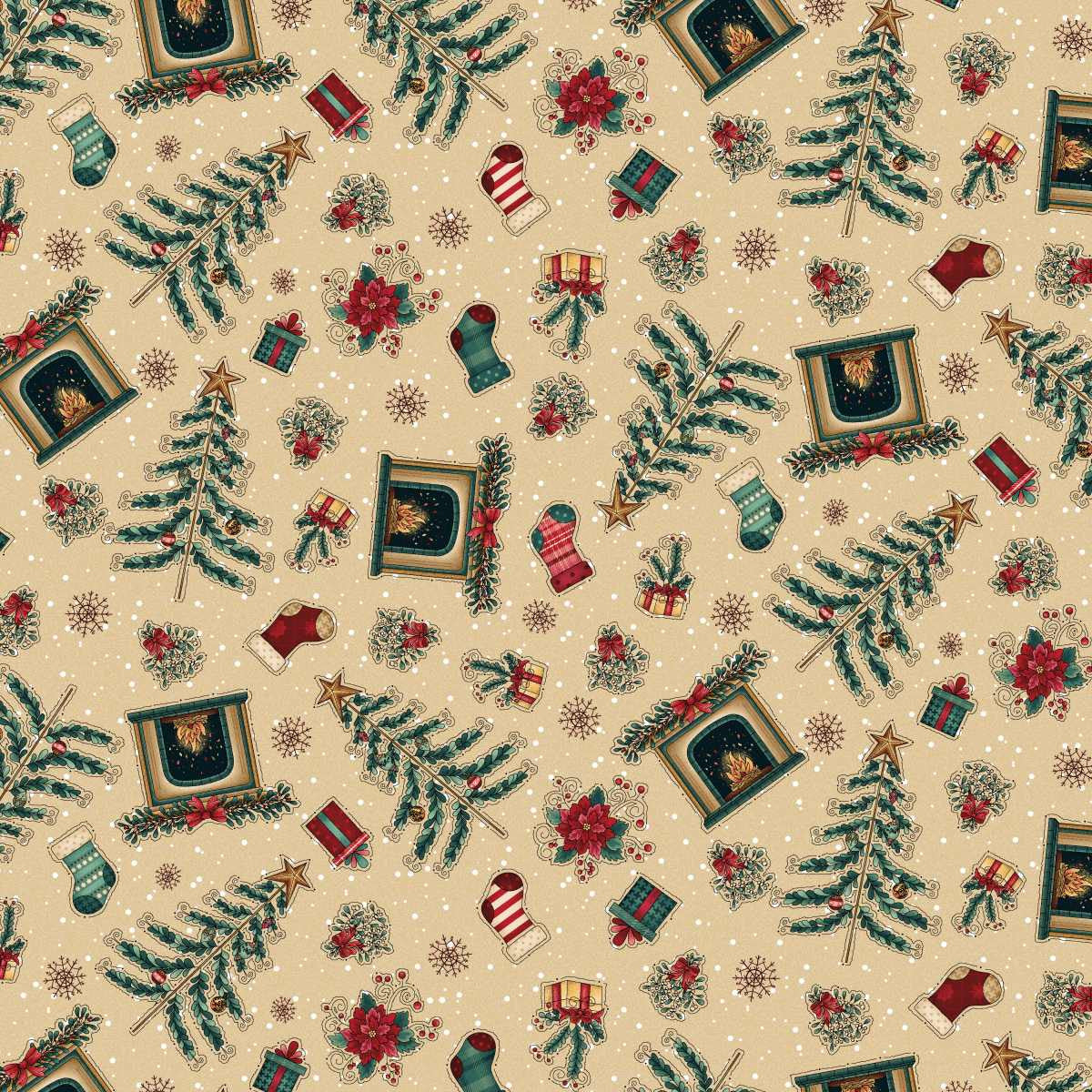 Cream Christmas fabric featuring decorated fireplaces with garlands and stockings, surrounded by Christmas trees and wrapped presents, scattered across a warm cream background.