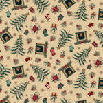 Cream Christmas fabric featuring decorated fireplaces with garlands and stockings, surrounded by Christmas trees and wrapped presents, scattered across a warm cream background.