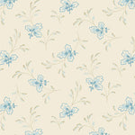 Soft pale blue and beige floating leaves scattered across a light cream background on Andover quilting cotton.