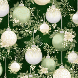 Hoffman Gold Christmas Wish Forest Gold fabric featuring ivory, sage and silver Christmas baubles with holly, pine branches, berries and poinsettias accented in metallic gold on a deep forest green background.