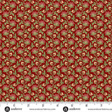 Mulled wine red Christmas quilting cotton fabric featuring cream and pink flowers with green leaves and curling stems across a deep red background.