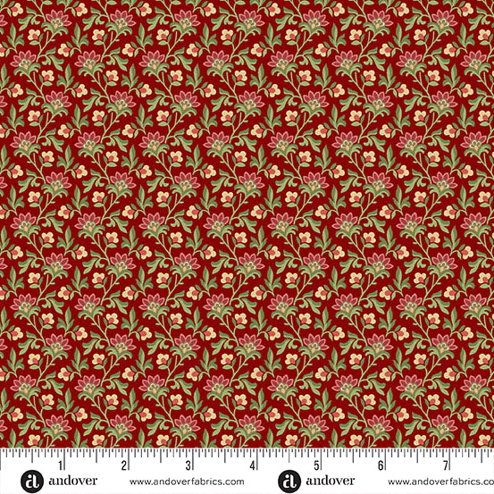 Mulled wine red Christmas quilting cotton fabric featuring cream and pink flowers with green leaves and curling stems across a deep red background.