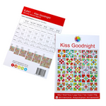 Quilt pattern packaging with colourful quilt design called Kiss Goodnight and text on a white background