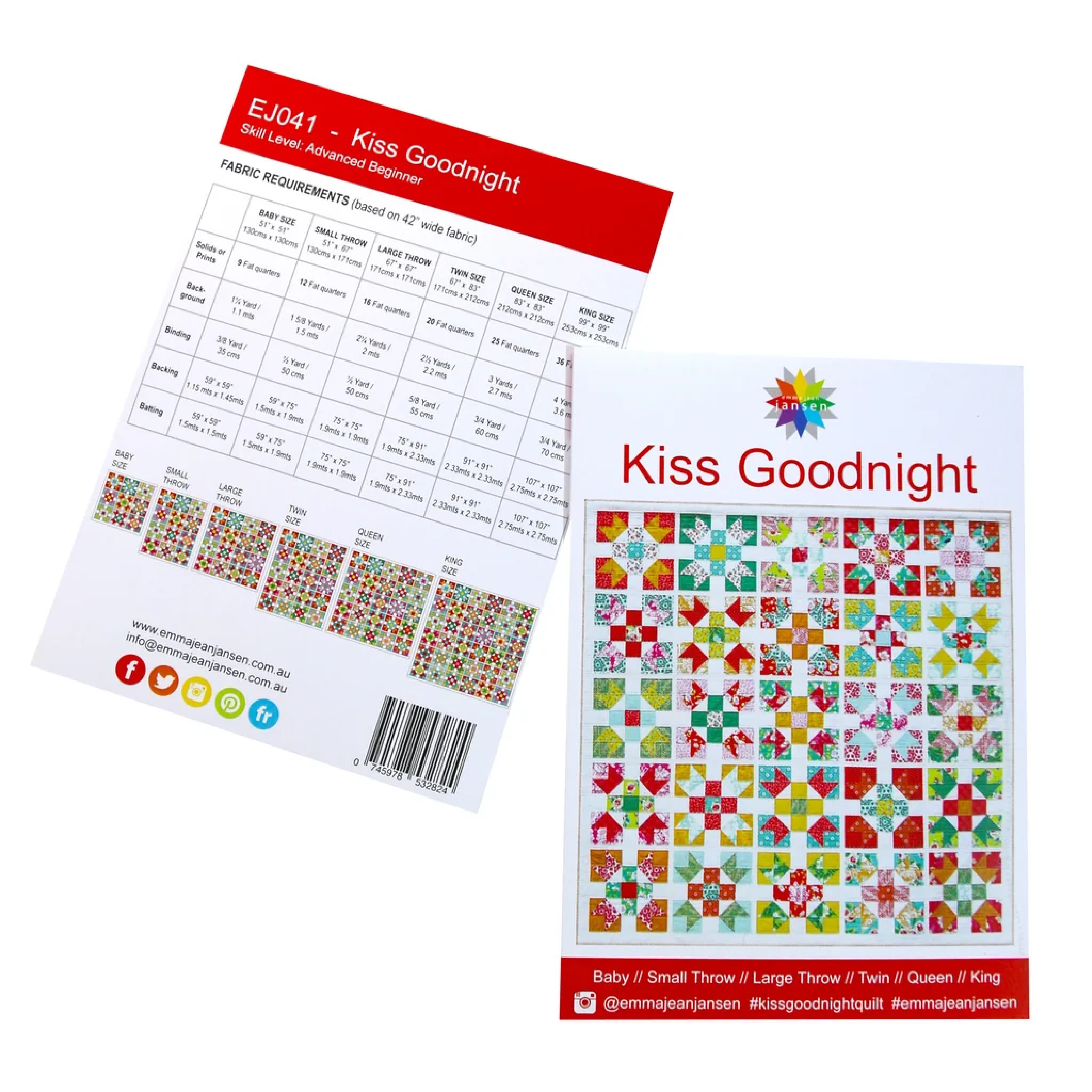 Quilt pattern packaging with colourful quilt design called Kiss Goodnight and text on a white background