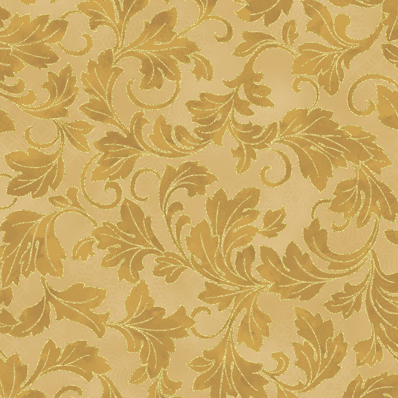 Hoffman Gold Christmas Wish Gold Gold fabric featuring ornate scrolling foliage outlined in metallic gold on a warm tonal gold background. 