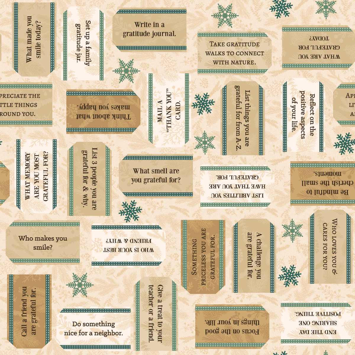 Cream Christmas quilting cotton fabric featuring gratitude messages written on gift tags, teal snowflakes and holly sprigs scattered across a warm cream background.
