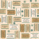 Cream Christmas quilting cotton fabric featuring gratitude messages written on gift tags, teal snowflakes and holly sprigs scattered across a warm cream background.