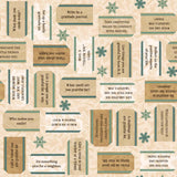 Cream Christmas quilting cotton fabric featuring gratitude messages written on gift tags, teal snowflakes and holly sprigs scattered across a warm cream background.