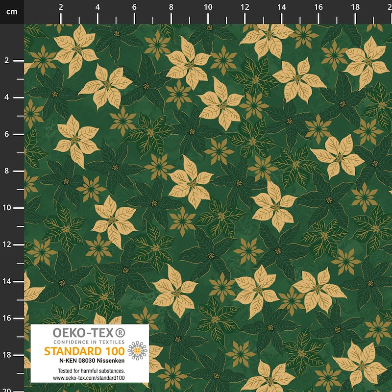 Forest green Christmas fabric with layered poinsettia flowers in soft gold, dark green and olive tones with fine decorative linework.