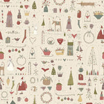 Anni Downs Down Tinsel Lane cream Christmas quilting panel with festive illustrations
