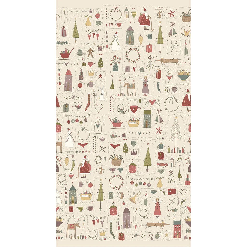 Anni Downs Down Tinsel Lane cream Christmas quilting panel with festive illustrations