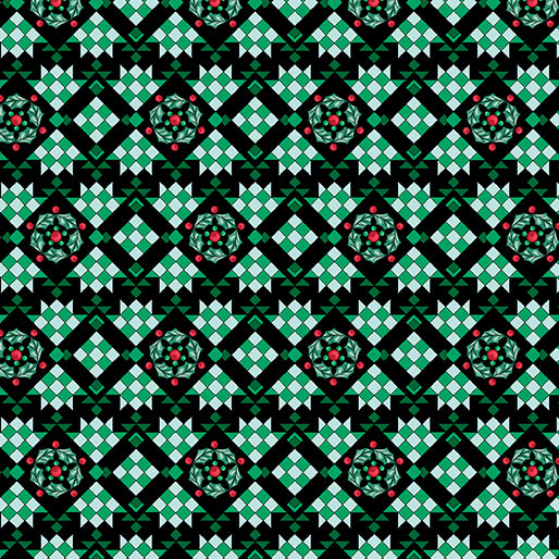 Black Christmas fabric with green and mint diamond patchwork motifs, checkerboard patterns and holly wreath medallions accented with red berries. Highland Patchwork Black Green Highland Glen Benartex.