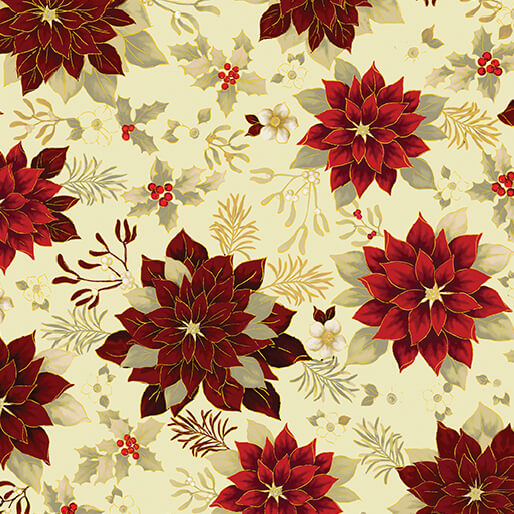 Soft cream Christmas fabric with large red poinsettias, holly leaves, red berries and delicate gold-accented seasonal foliage. Holiday Garden Cream Holiday Tidings Benartex.