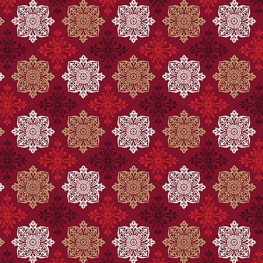 Crimson red Christmas fabric with repeating ornate floral medallions in ivory, gold, burgundy and red. Holiday Medallions Red Holiday Nouveau Benartex.