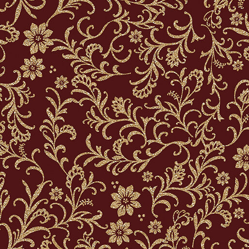 Deep burgundy Christmas fabric with shimmering gold scrolling vines, delicate flowers and ornamental botanical motifs. Holiday Vines Gold Burgundy Holiday Tidings Benartex.