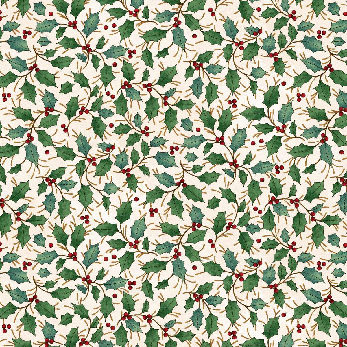 Cream Christmas quilting cotton fabric featuring green holly leaves and red berries scattered across a warm cream background in a simple festive design.