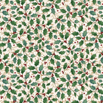 Cream Christmas quilting cotton fabric featuring green holly leaves and red berries scattered across a warm cream background in a simple festive design.
