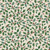 Cream Christmas quilting cotton fabric featuring green holly leaves and red berries scattered across a warm cream background in a simple festive design.