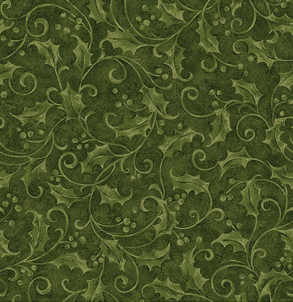 Holly sprigs with green leaves and red berries scattered across the fabric, creating a classic Christmas botanical print from Benartex’s Star of Wonder, Star of Light collection.