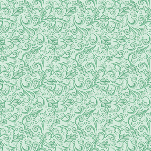 Pale aqua Christmas fabric with tonal holly leaves, berries and elegant swirling scroll motifs on a soft mint background. Holly Scroll Aqua Highland Glen Benartex.